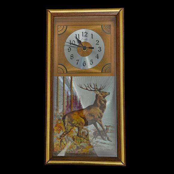 Vintage Emdur Quartz Wall Clock 14x7x2 Wood Frame Stag Deer Forest Scene Japan - Picture 1 of 4